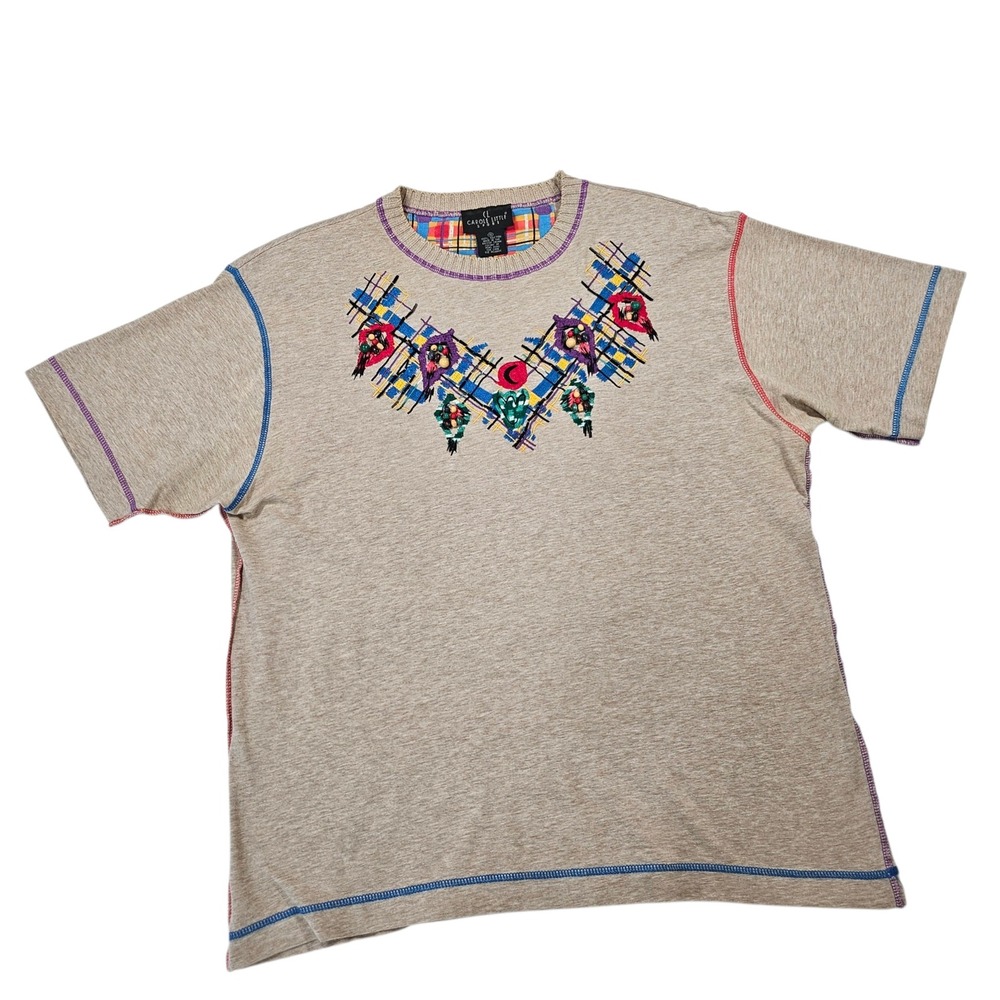 Vintage Carole Little Sport Tan Beaded Embroidered T-Shirt School Teacher‎ Small